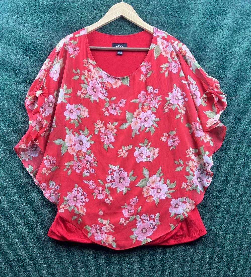 ALYX Women's Large Red Floral Chiffon Short Sleeve Blouse